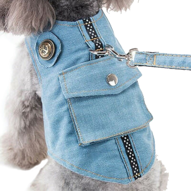 Pet Cat Dog Leash Vest Mesh Breathable Soft Denim Clothing Adjustable Harness