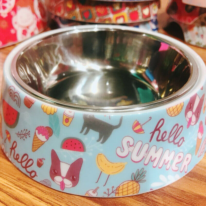 Stainless Steel Pet Cat Dog Bowl Non-Slip Base Colorful Cartoon Patterns