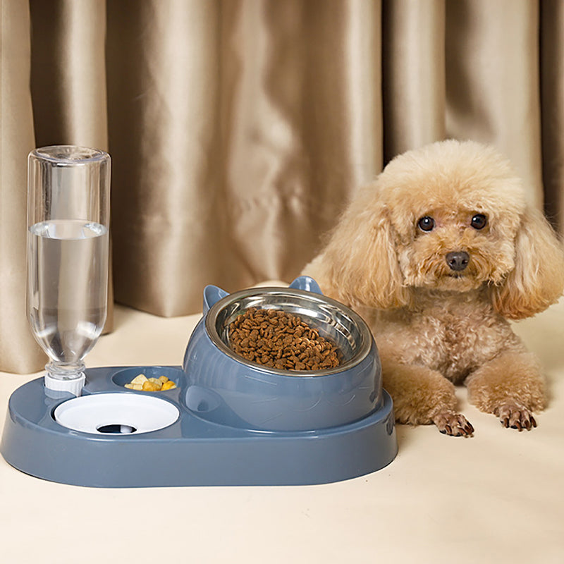 2-in-1 Pet Cat Dog Automatic Water Refill Bottle Ceramic Stainless Food Bowl