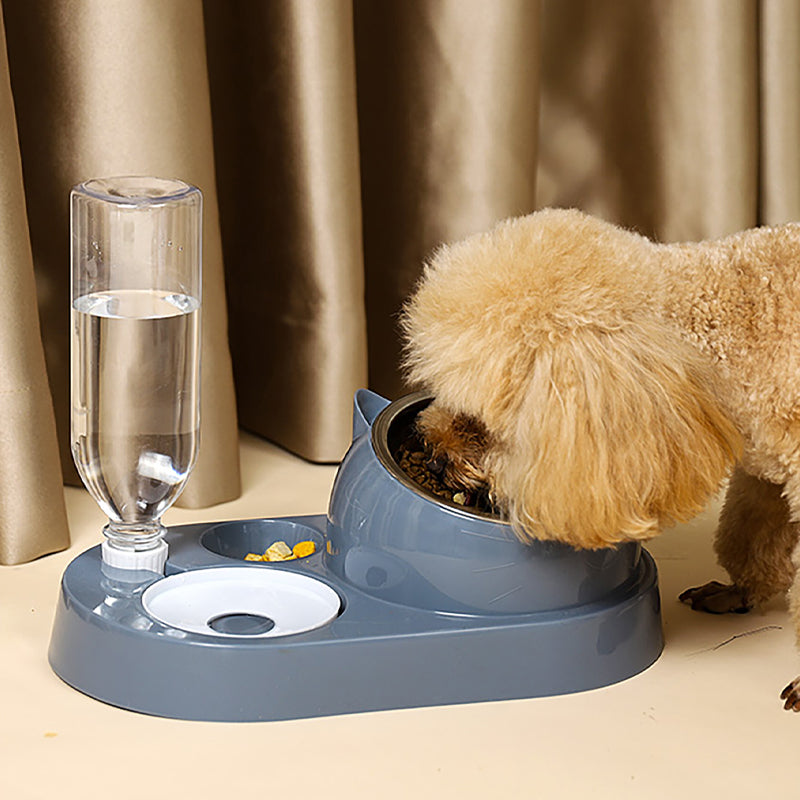 2-in-1 Pet Cat Dog Automatic Water Refill Bottle Ceramic Stainless Food Bowl