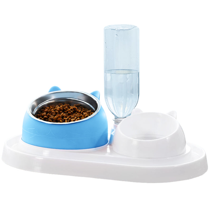 2-in-1 Pet Cat Dog Automatic Water Refill Bottle Ceramic Stainless Food Bowl