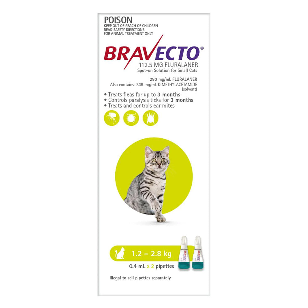Bravecto Spot On for Small Cats (1.2-2.8 kg) Light Green 2 Pipettes