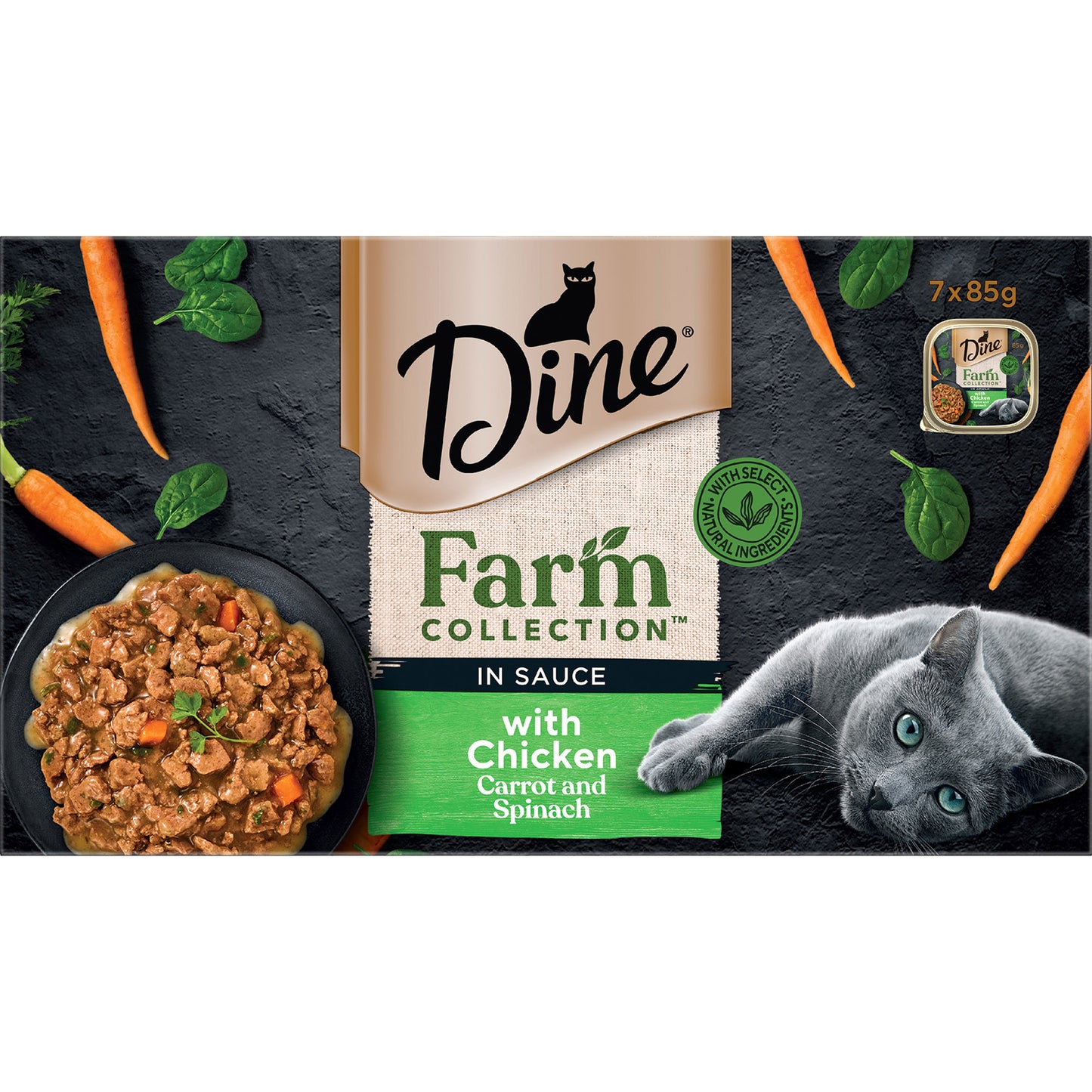 DINE CAT WET FOOD FARM COLLECTION CHICKEN CARROT SPINACH 85G 7PCS / 28PCS