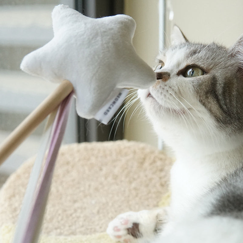 Meteor-Shaped Cat Toy with Wooden Stick and Fringed Ribbon