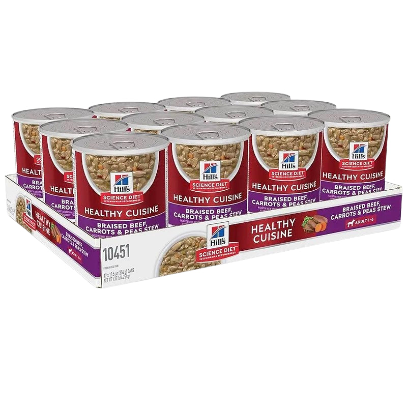 HILLS DOG CANNED FOOD ADULT HEALTHY CUISINE BRAISED BEEF CARROTS PEAS STEW 354G
