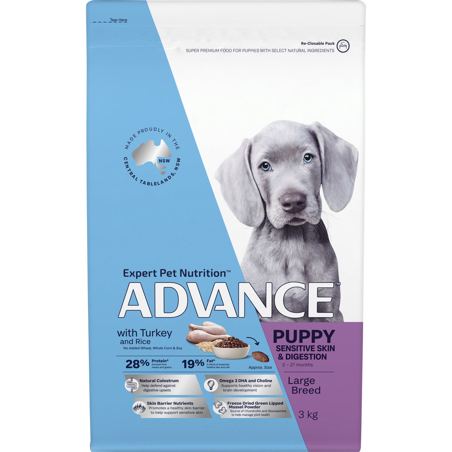 ADVANCE PUPPY LARGE BREED SENSITIVE SKIN & DIGESTION WITH TURKEY & RICE 3KG/15KG