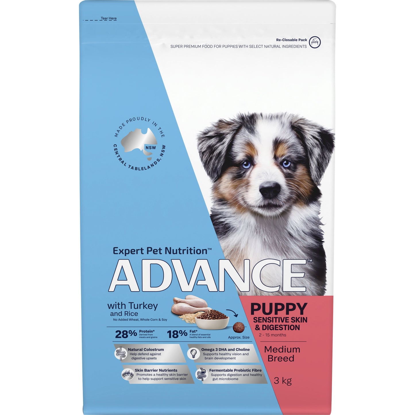 ADVANCE PUPPY MEDIUM BREED SENSITIVE SKIN & DIGESTION TURKEY & RICE 3KG/15KG