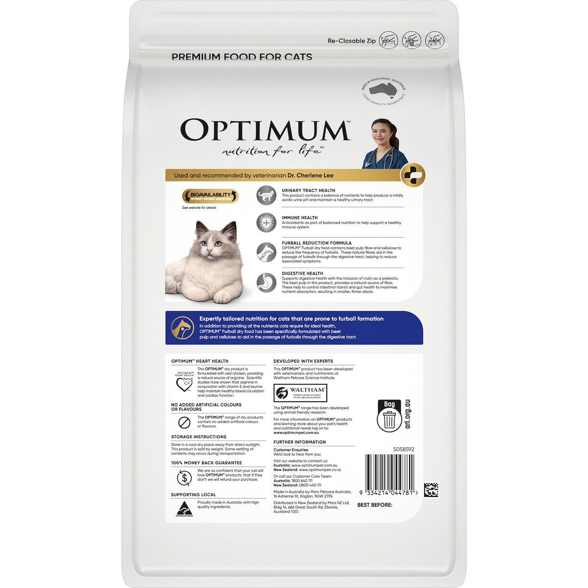 OPTIMUM CAT DRY FOOD FURBALL ADULT 1+ YEARS WITH CHICKEN 800G / 2KG