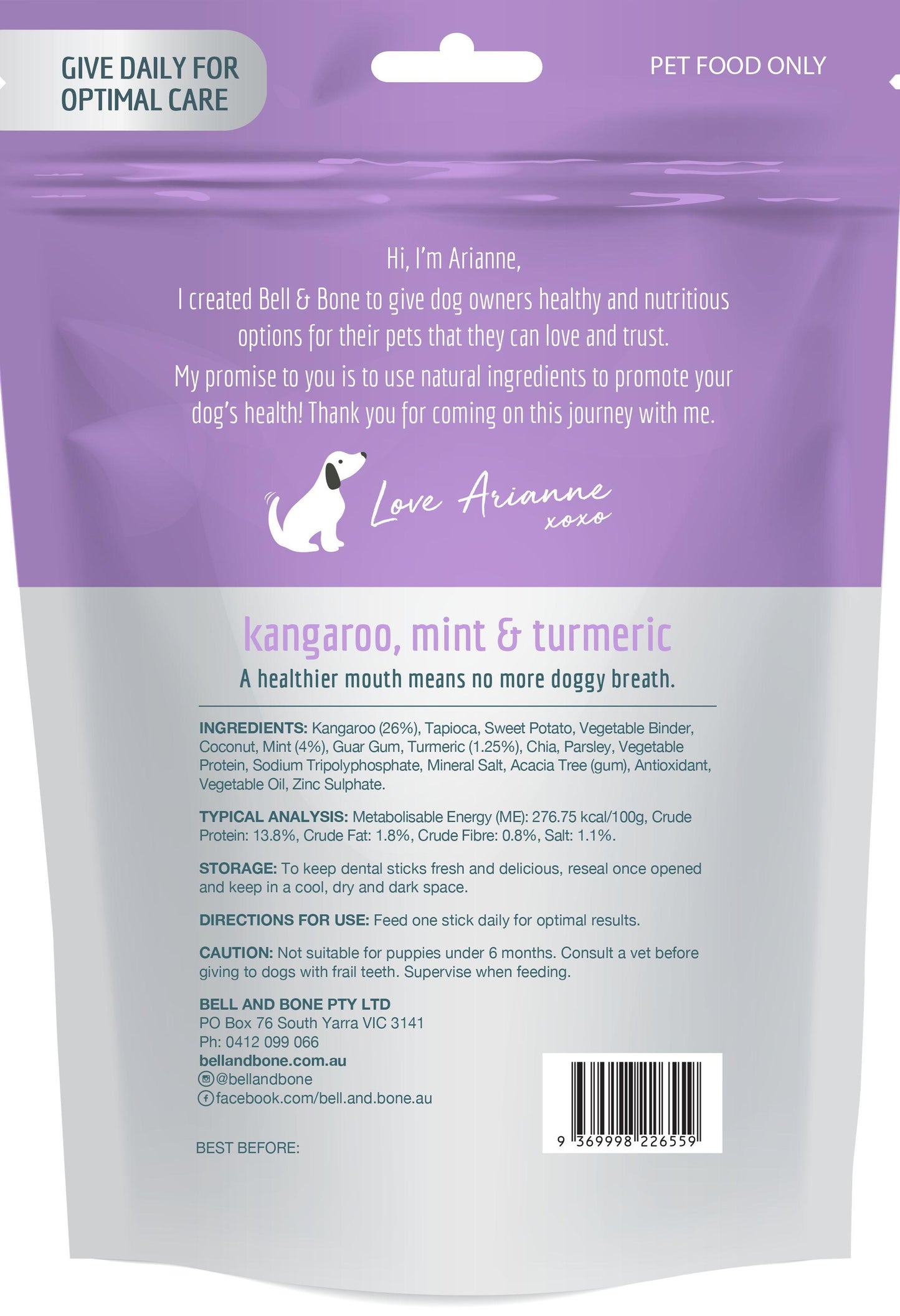 Bell & Bone Large / Medium / Small Dog Dental Sticks - Kangaroo and Turmeric
