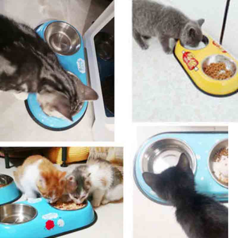 Stainless Steel Double Pet Bowl Dog Cat Twin Dish Water Food Feeder