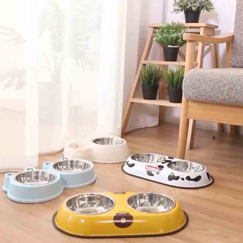 Stainless Steel Double Pet Bowl Dog Cat Twin Dish Water Food Feeder