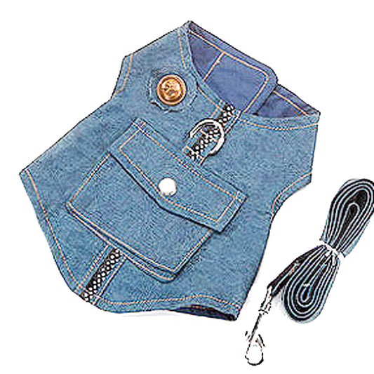 Pet Cat Dog Leash Vest Mesh Breathable Soft Denim Clothing Adjustable Harness