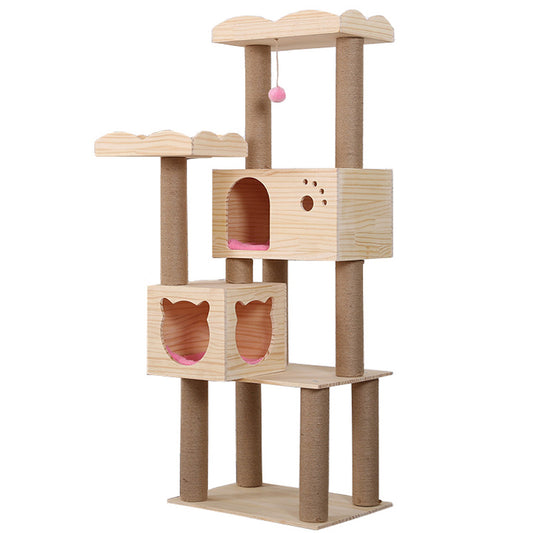 Multi-Layer Pet Cat Climbing Frame & Solid Wood Tree House with Sisal Scratcher