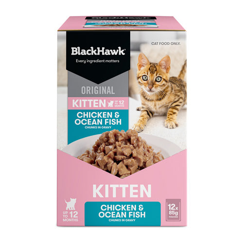 BLACKHAWK 12PK KITTEN WET CHICKEN OCEAN FISH IN GRAVY 85G