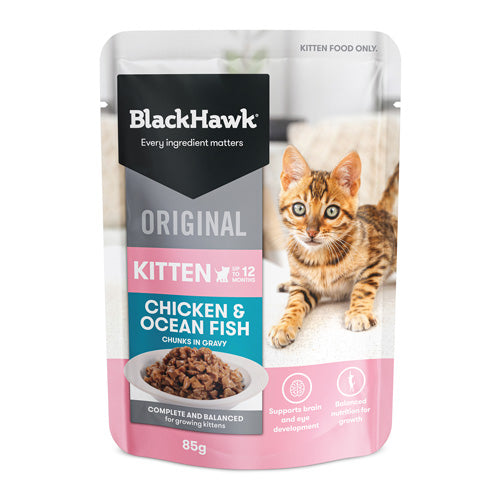 BLACKHAWK 12PK KITTEN WET CHICKEN OCEAN FISH IN GRAVY 85G