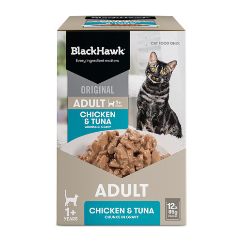 BLACKHAWK 12PK CAT WET CHICKEN TUNA IN GRAVY 85G