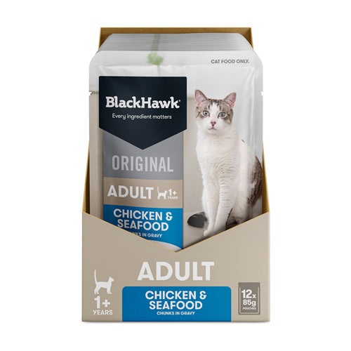 BLACKHAWK 12PK CAT WET CHICKEN SEAFOOD IN GRAVY 85G