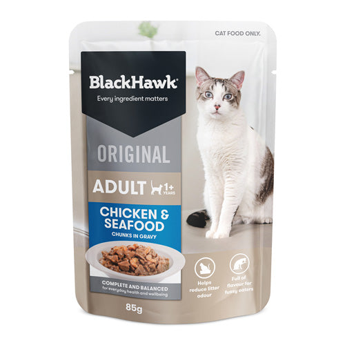 BLACKHAWK 12PK CAT WET CHICKEN SEAFOOD IN GRAVY 85G