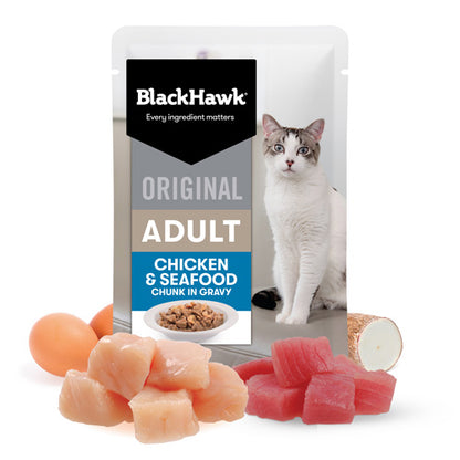 BLACKHAWK 12PK CAT WET CHICKEN SEAFOOD IN GRAVY 85G