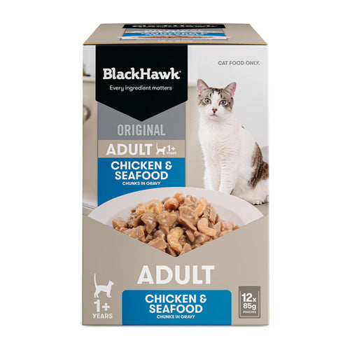 BLACKHAWK 12PK CAT WET CHICKEN SEAFOOD IN GRAVY 85G