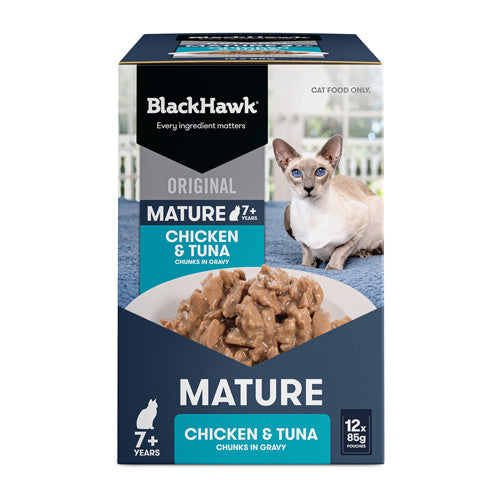 BLACKHAWK 12PK CAT WET MATURE 7+ CHICKEN TUNA IN GRAVY 85G