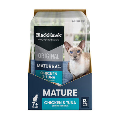 BLACKHAWK 12PK CAT WET MATURE 7+ CHICKEN TUNA IN GRAVY 85G