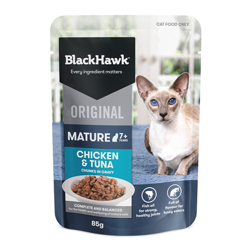 BLACKHAWK 12PK CAT WET MATURE 7+ CHICKEN TUNA IN GRAVY 85G