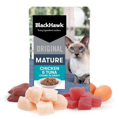 BLACKHAWK 12PK CAT WET MATURE 7+ CHICKEN TUNA IN GRAVY 85G