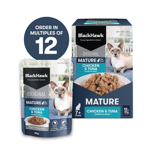 BLACKHAWK 12PK CAT WET MATURE 7+ CHICKEN TUNA IN GRAVY 85G