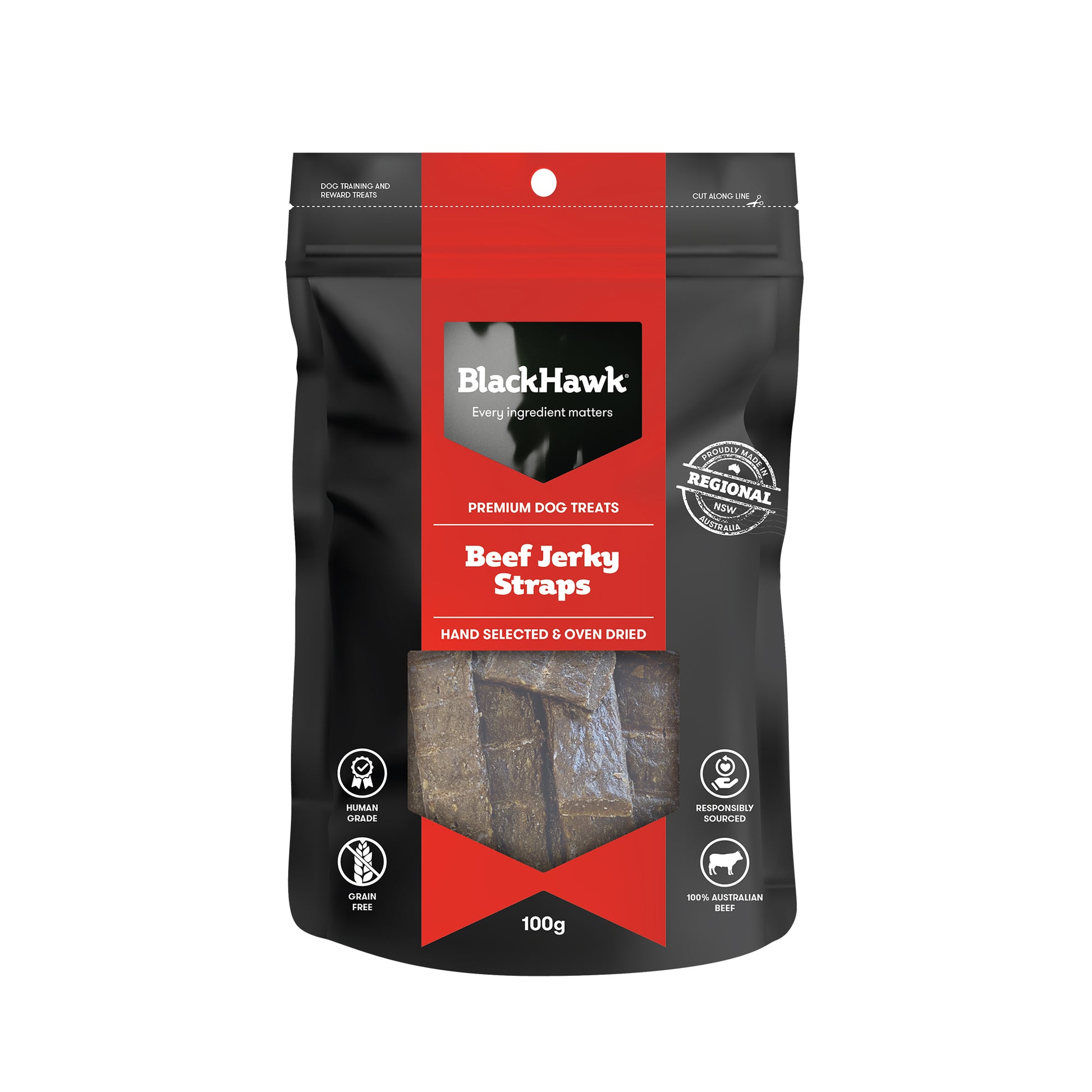 BLACKHAWK DOG TREAT BEEF JERKY STRAPS 100G