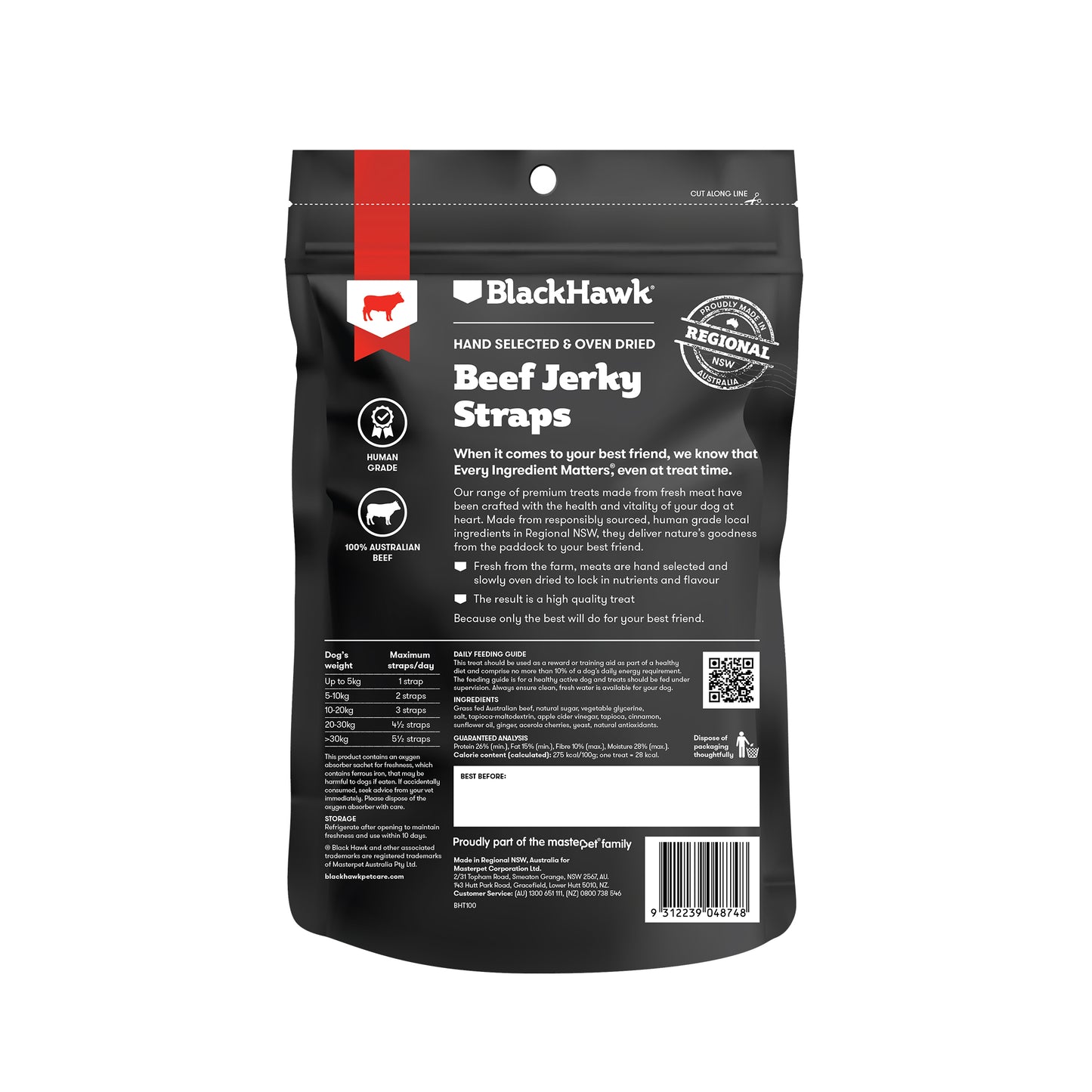 BLACKHAWK DOG TREAT BEEF JERKY STRAPS 100G