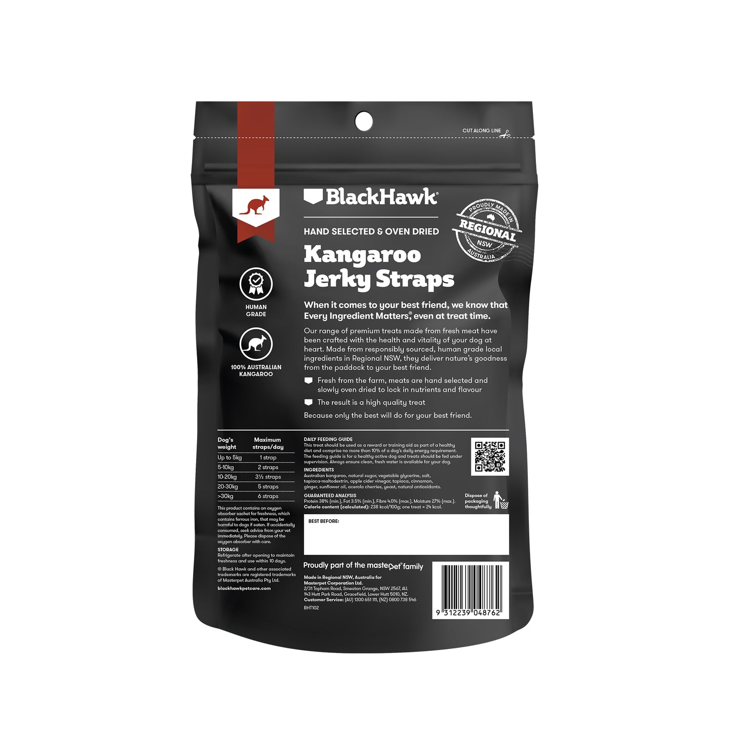 BLACKHAWK DOG TREAT KANGAROO JERKY STRAPS 100G