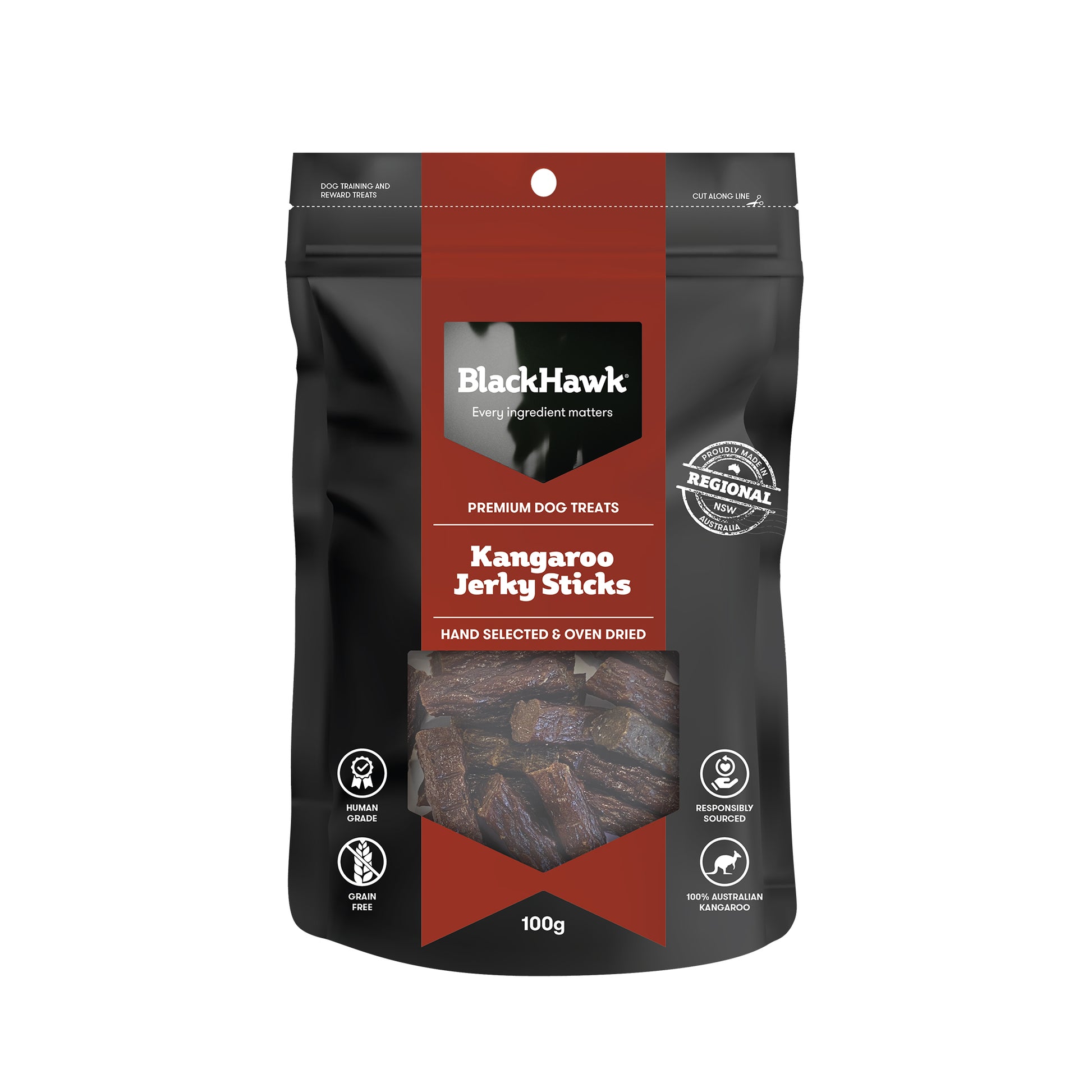 BLACKHAWK DOG TREAT KANGAROO JERKY STICKS 100G