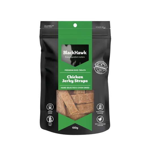 BLACKHAWK DOG TREAT CHICKEN JERKY STRAPS 100G