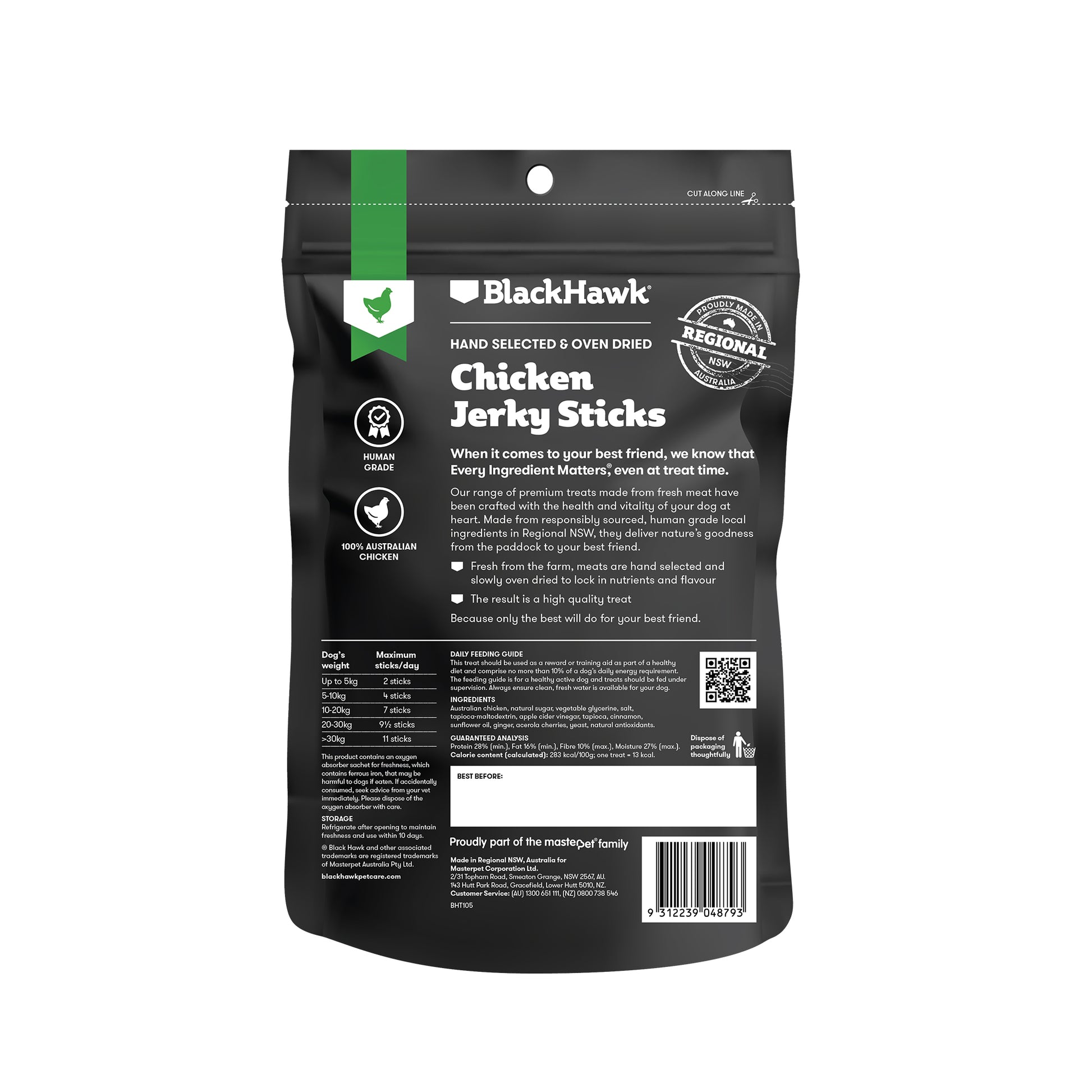 BLACKHAWK DOG TREAT CHICKEN JERKY STICKS 100G