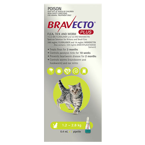 Bravecto Plus for Small Cats (1.2-2.8 kg) Green 1 Pack