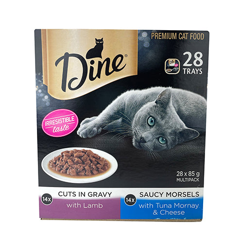 DINE CAT MULTIPACK LAMB IN GRAVY/TUNA MORNAY & CHEESE 85G x 28PCS