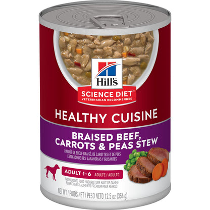 HILLS DOG CANNED FOOD ADULT HEALTHY CUISINE BRAISED BEEF CARROTS PEAS STEW 354G