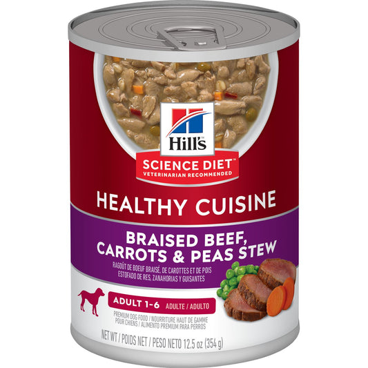 HILLS DOG CANNED FOOD ADULT HEALTHY CUISINE BRAISED BEEF CARROTS PEAS STEW 354G