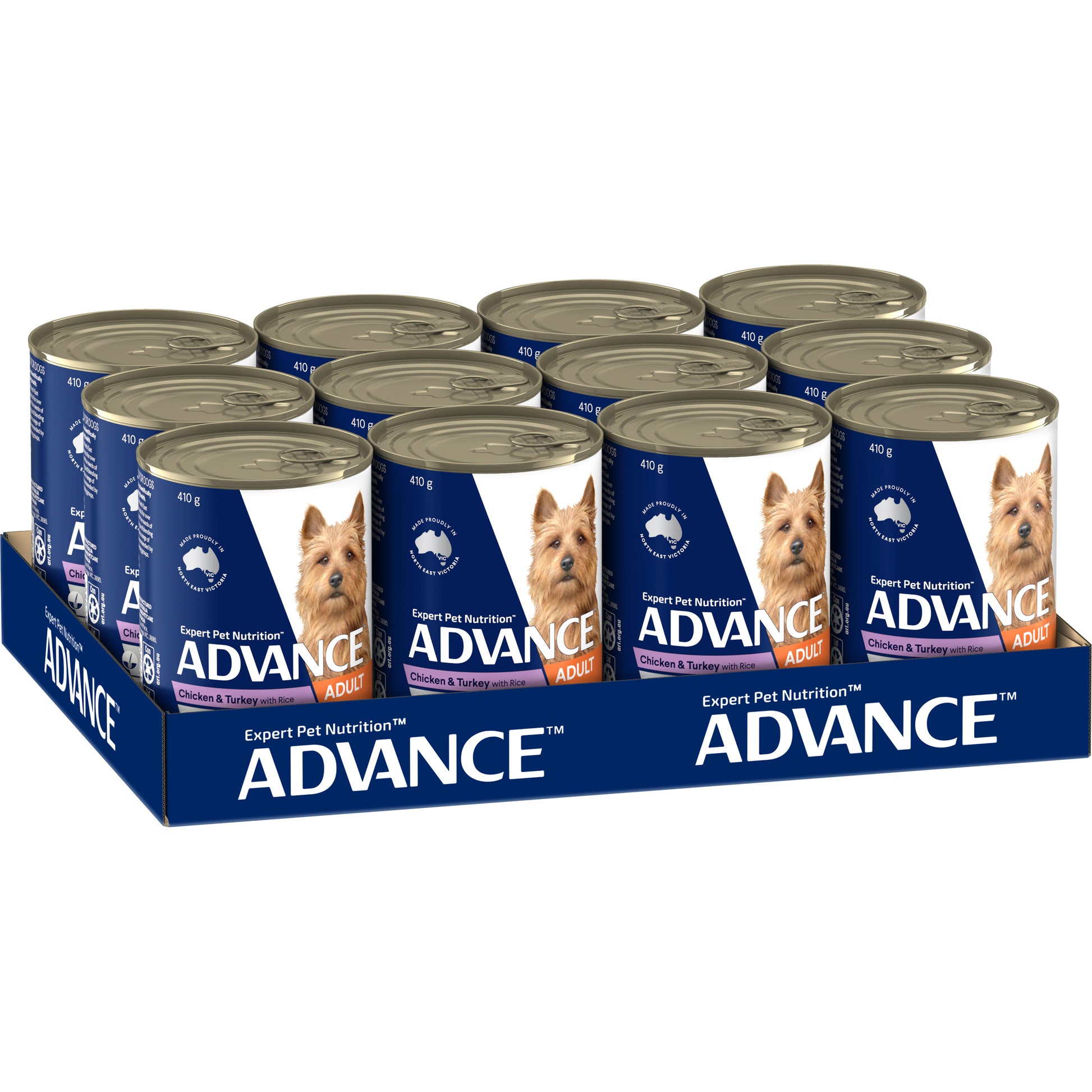 ADVANCE DOG ALL BRD CHKN TURK RICE 410G 12PK (281477)(OM12)