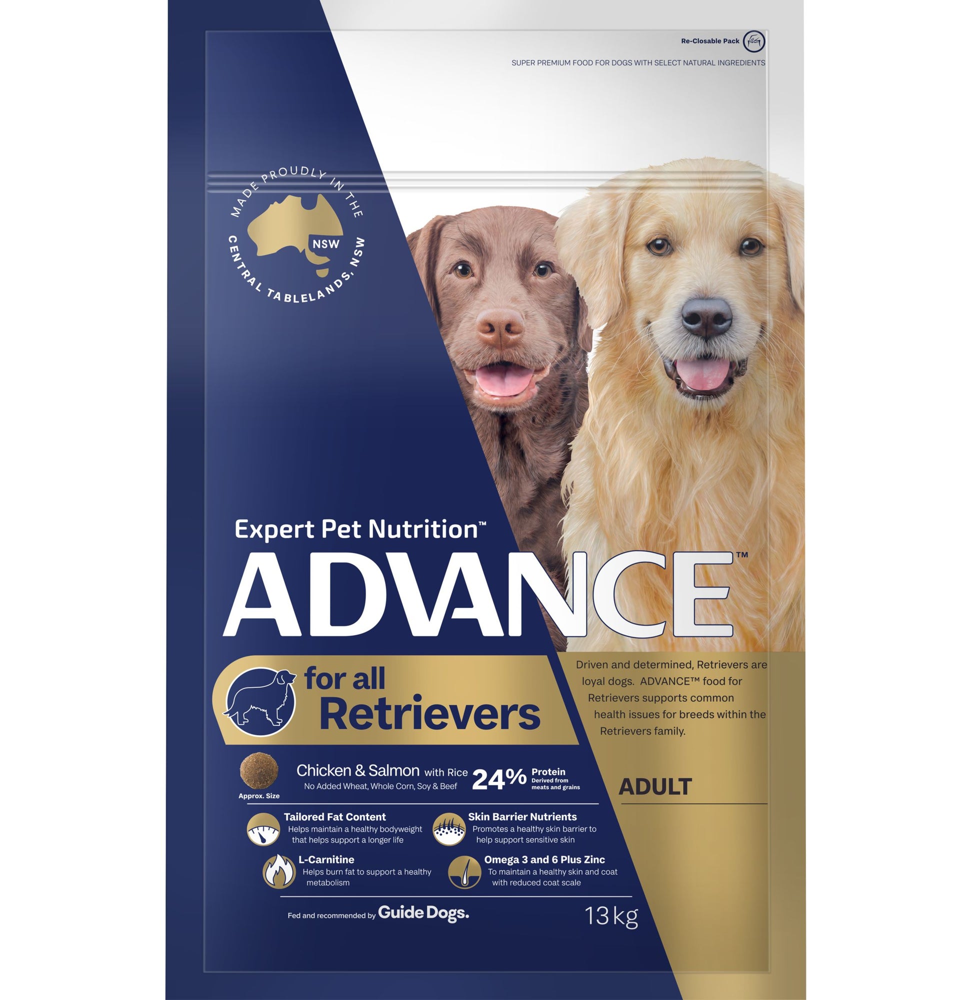 ADVANCE DOG DRY ADULT DOG FOR ALL RETRIEVERS CHICKEN AND SALMON 13KG