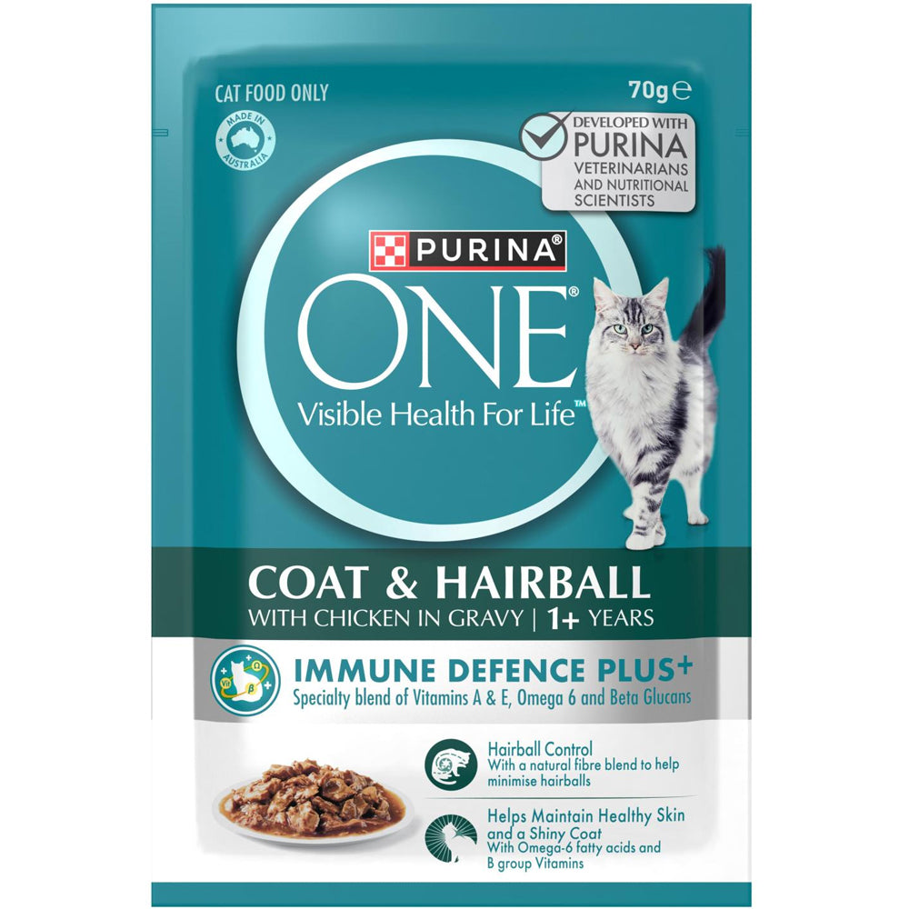 PURINA ONE CAT ADULT COAT HAIRBALL IMMUNE DEFENCE PLUS WITH CHICKEN IN GRAVY 70G