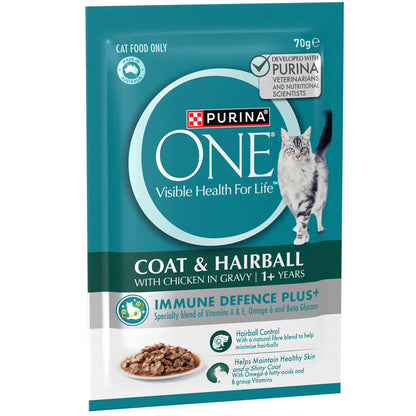 PURINA ONE CAT ADULT COAT HAIRBALL IMMUNE DEFENCE PLUS WITH CHICKEN IN GRAVY 70G