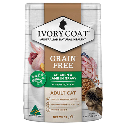 IVORY COAT GRAIN FREE ADULT CAT CHICKEN WITH LAMB IN GRAVY 85G