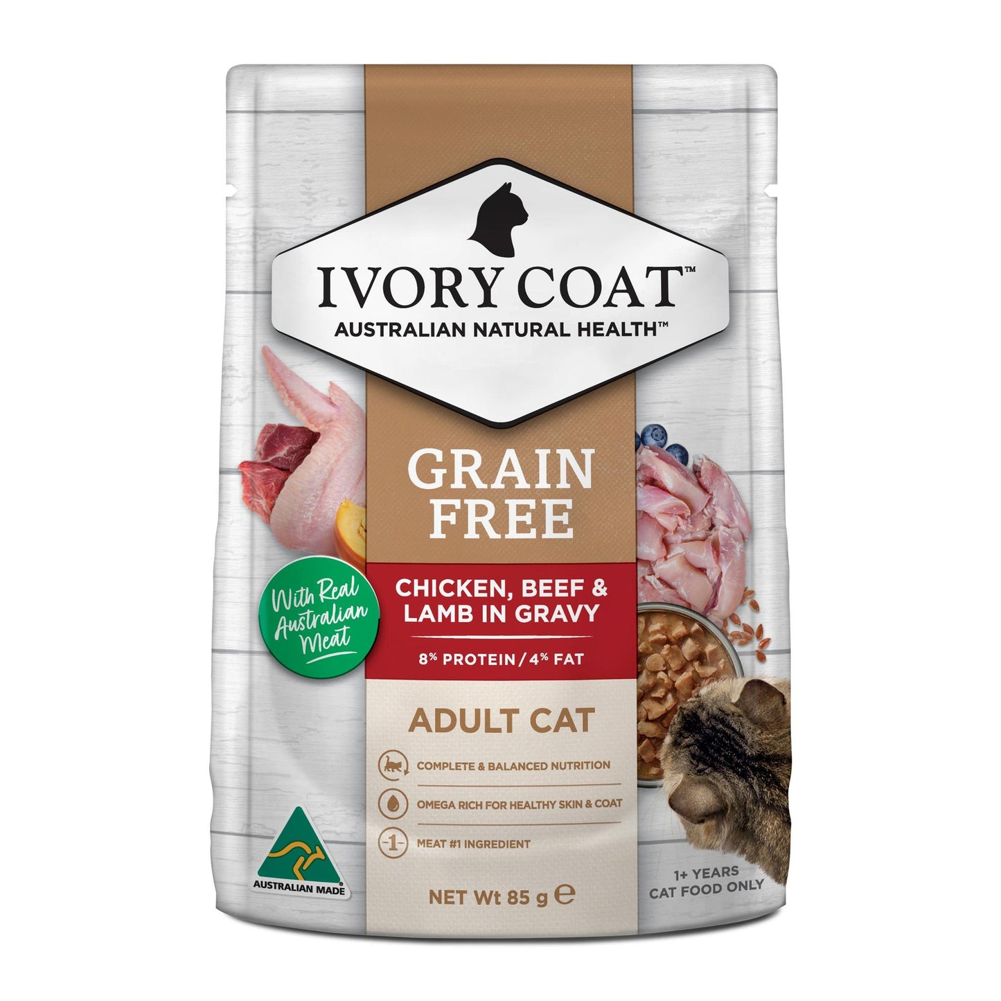 IVORY COAT GRAIN FREE ADULT CAT CHICKEN BEEF LAMB IN GRAVY 85G