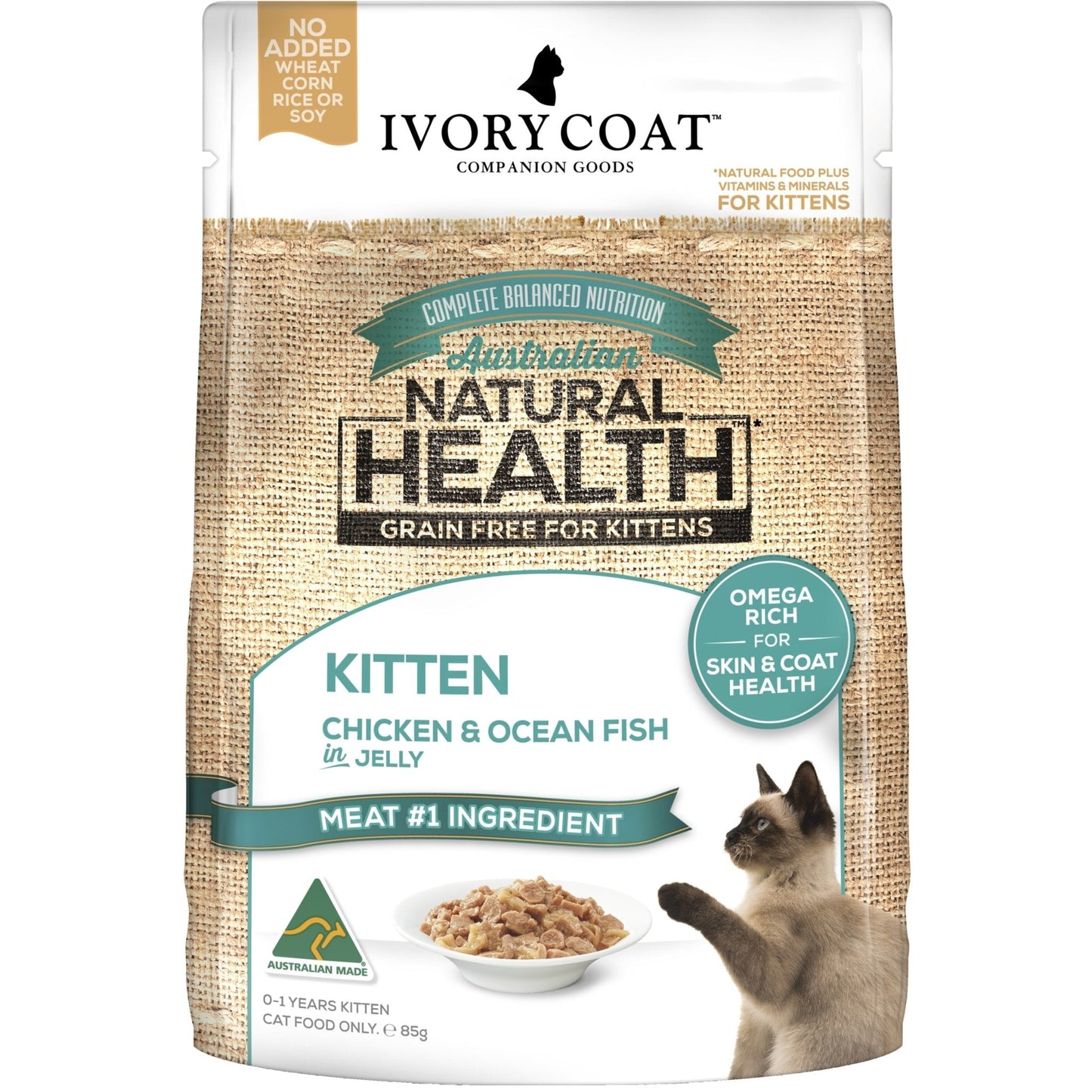 IVORY COAT GRAIN FREE KITTEN CHICKEN & OCEAN FISH IN JELLY 85G
