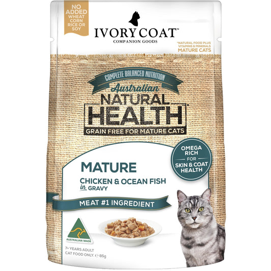 IVORY COAT GRAIN FREE MATURE CAT CHKEN & OCEAN FISH IN GRAVY 85G
