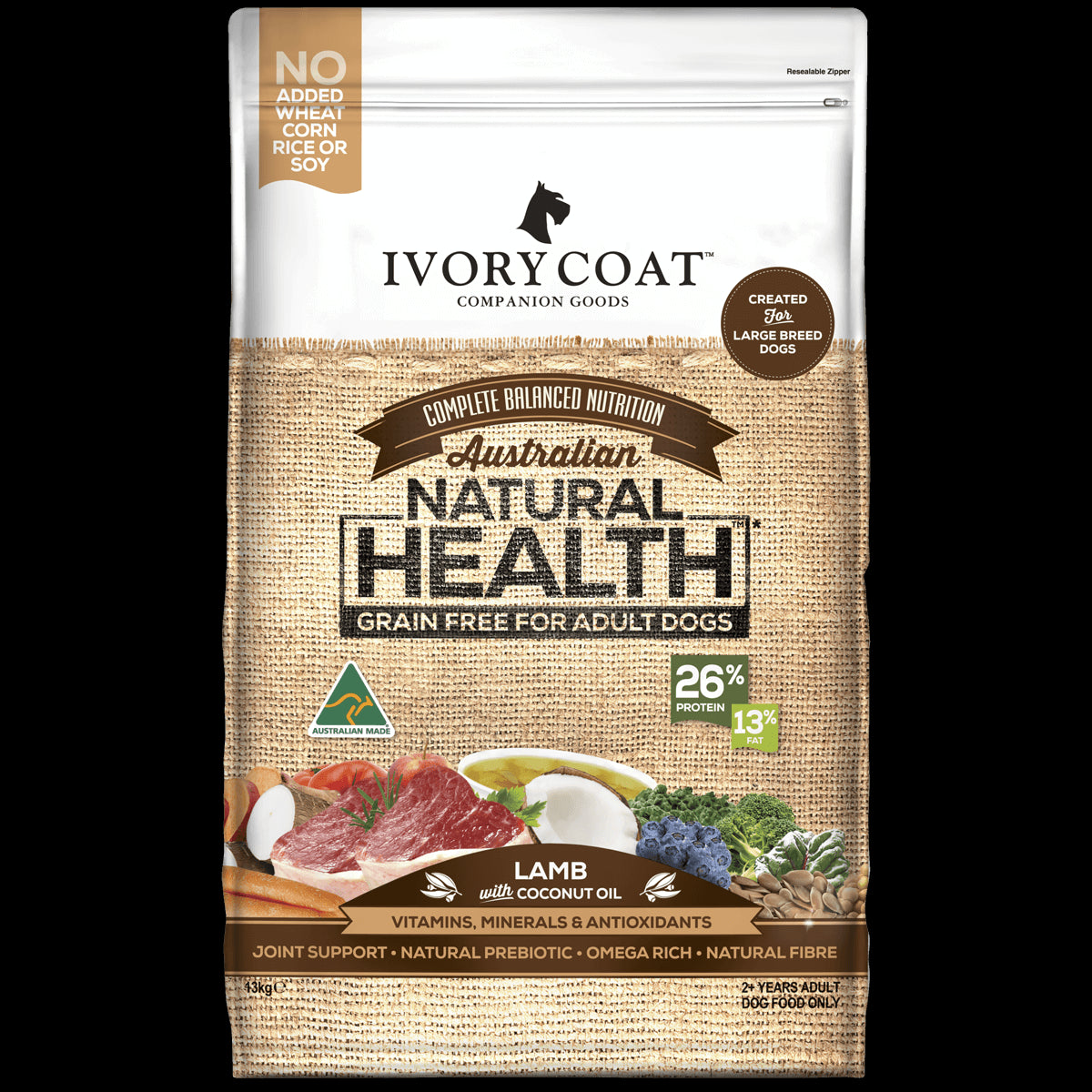 IVORY COAT ADULT LARGE BREEDS DOG GRAIN FREE LAMB & COCONUT OIL 13KG
