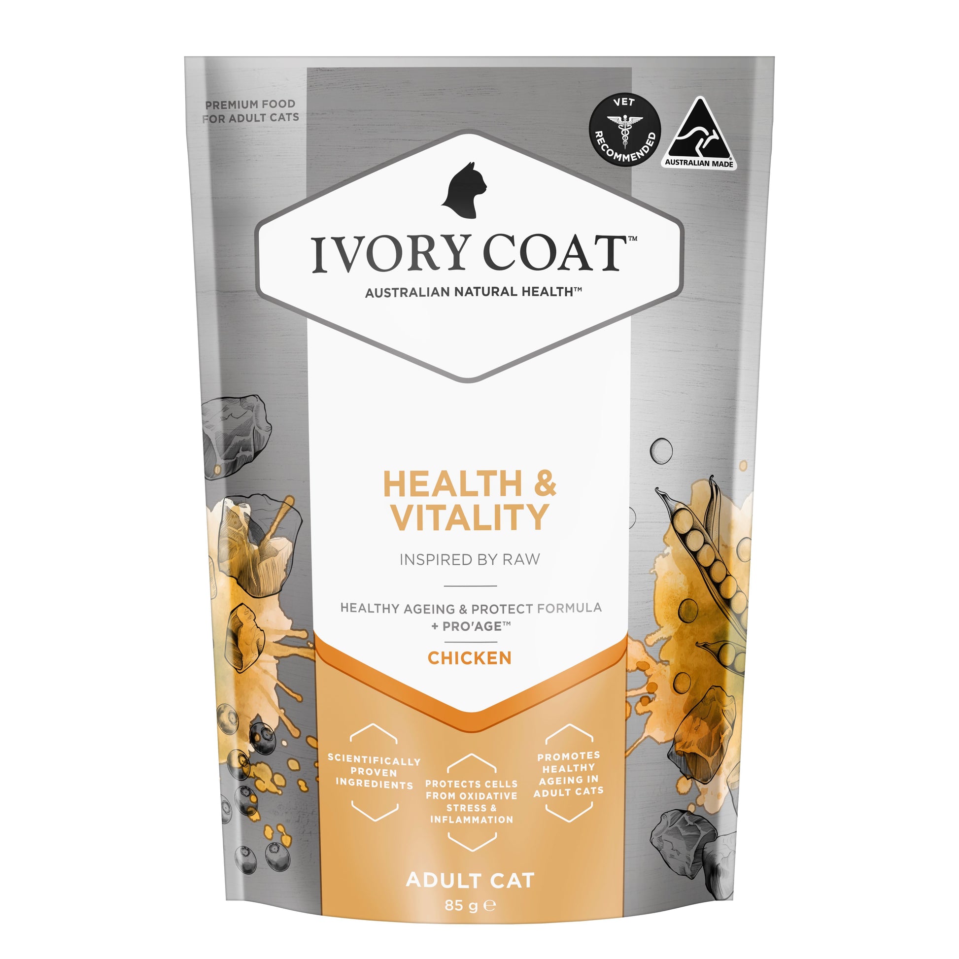 IVORY COAT ADULT CAT HEALTH & VITALITY INSPIRED BY RAW PRO AGE CHICKEN 85G