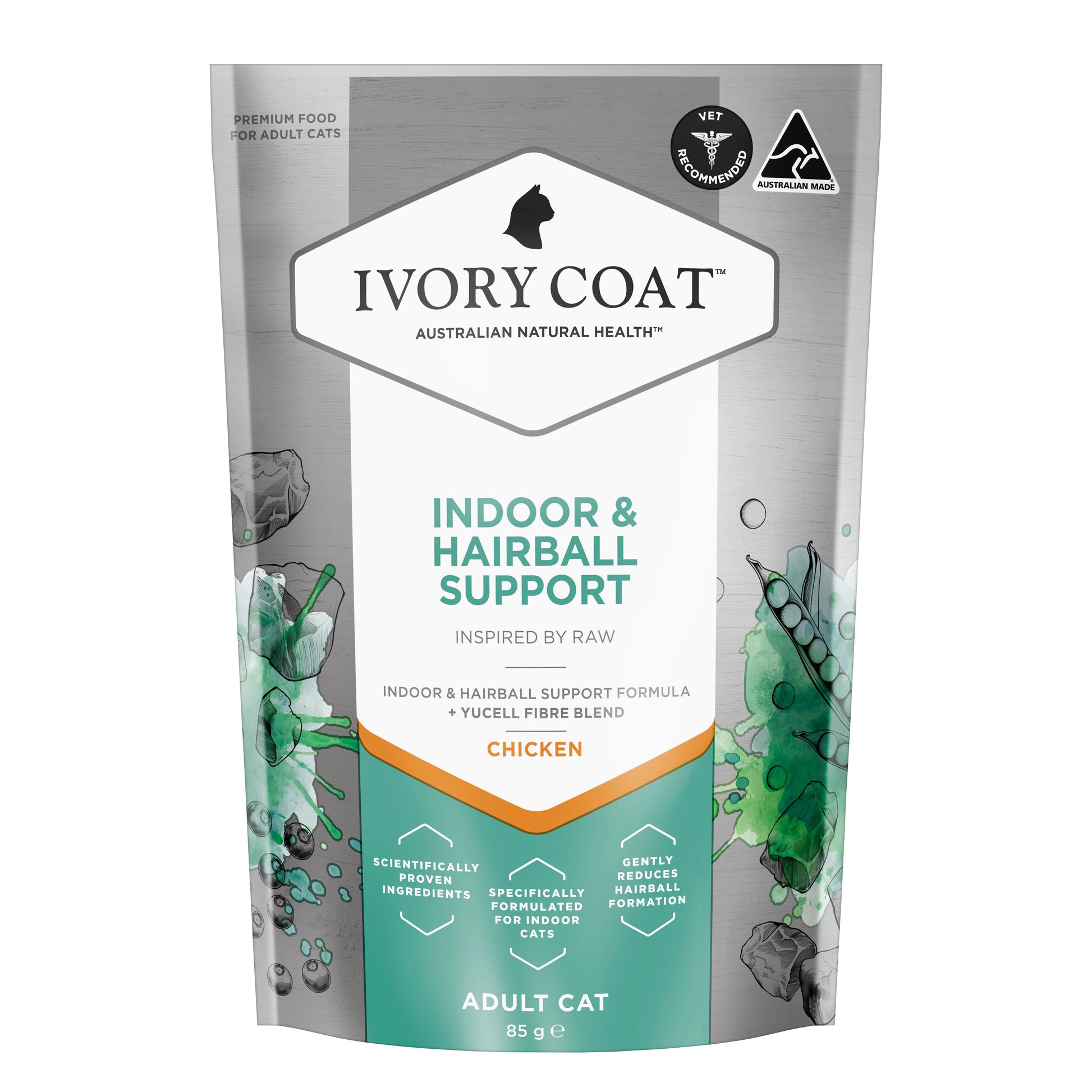 IVORY COAT ADULT CAT INDOOR & HAIRBALL INSPIRED BY RAW CHICKEN 85G